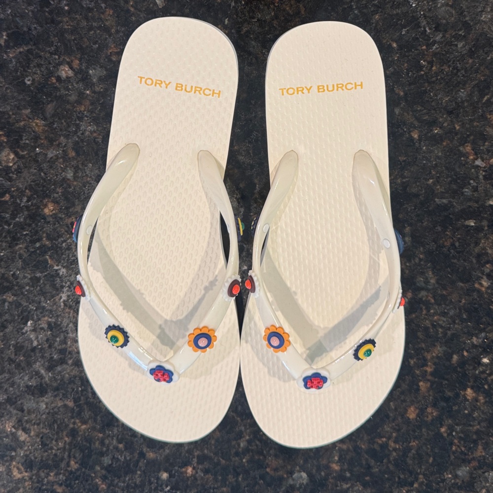 Tory Burch Cream Jelly Flip Flops with Multicolor Flower Charms